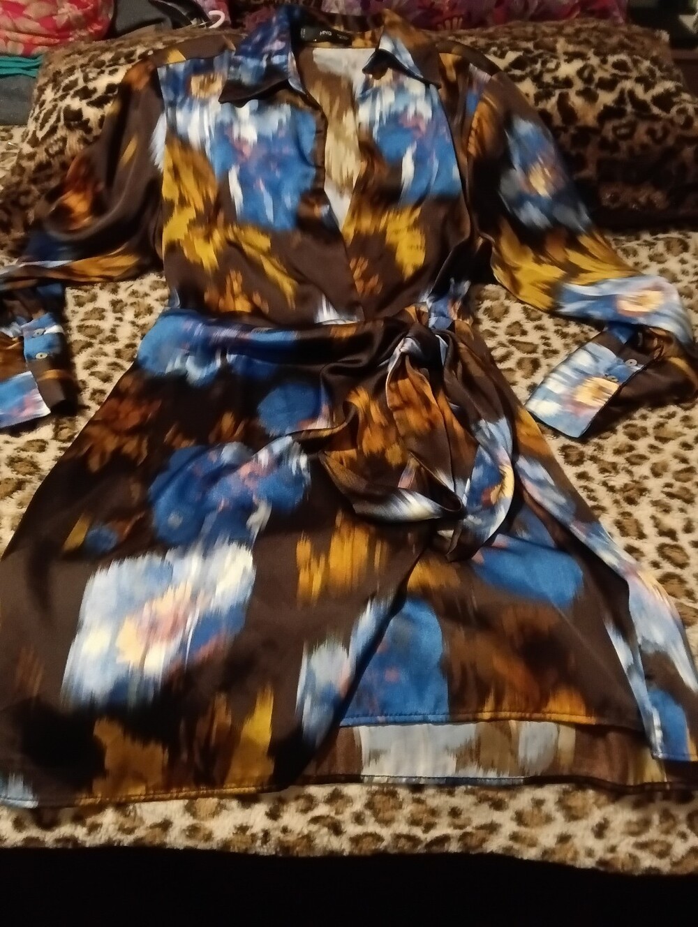 Satin Long-Sleeve Floral Shirt Dress in Blue and Brown